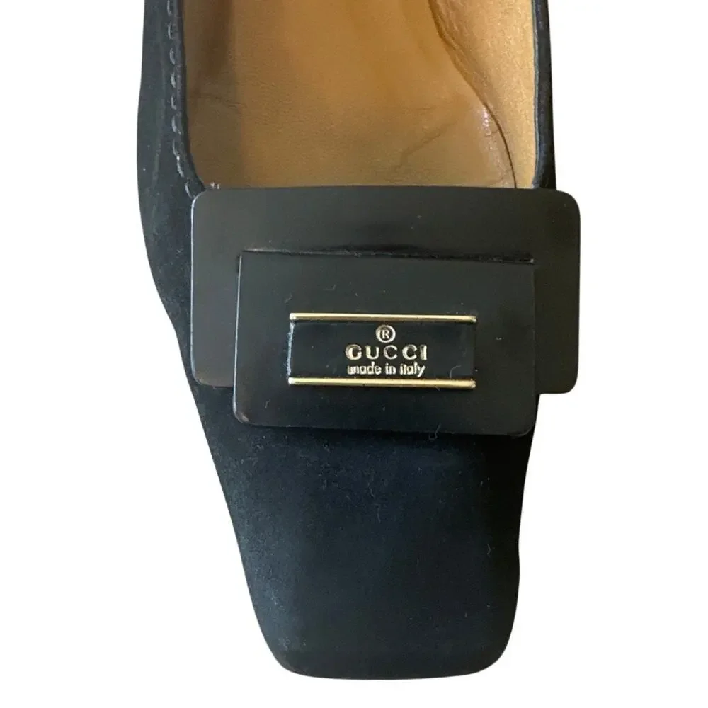 Vintage Gucci Black Suede Square Toe Kitten Heels Logo 36 - Picture 14 of 16